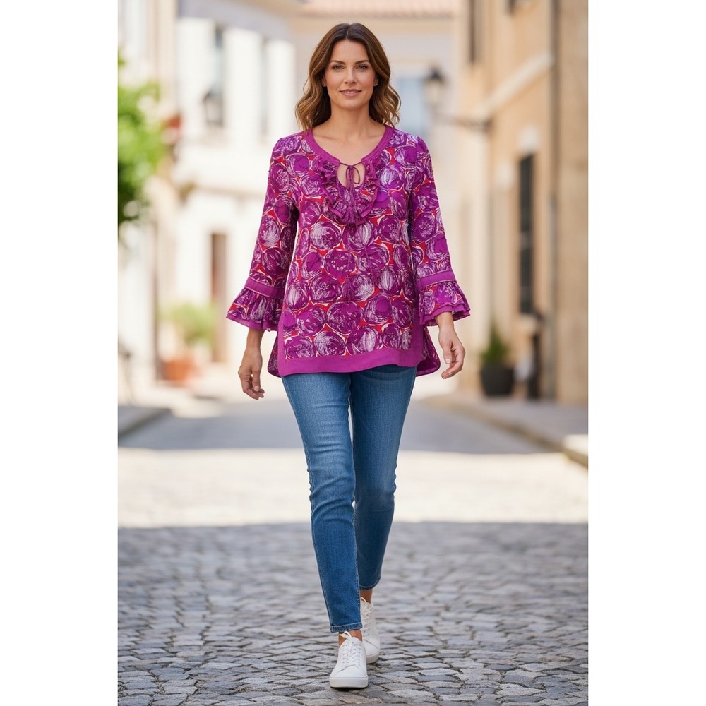 Tory Burch Floral‎ Bell Sleeve Tassel Tie Neck Bohemian Habanero Tunic Size 6
